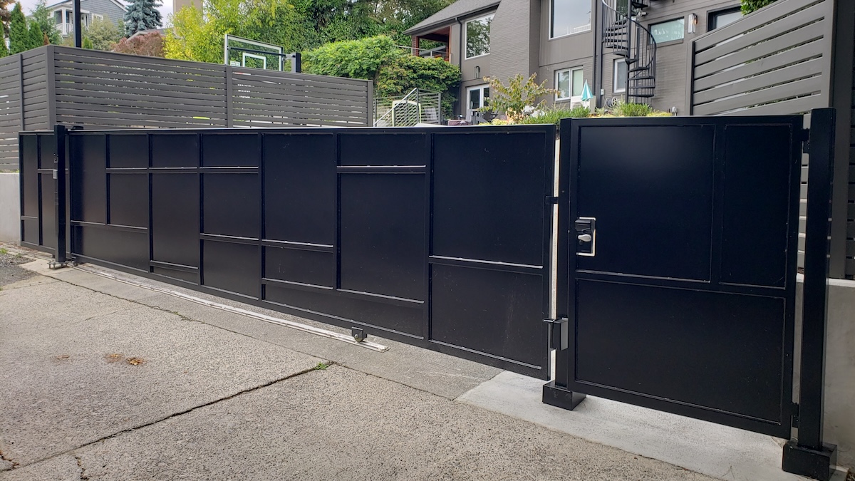 Metal Alley Slide Gate Paired With A Pedestrian Swing Gate - Madison Park, Seattle, WA